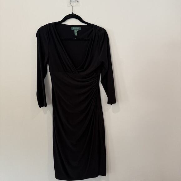 Lauren Ralph Lauren Rushed Jersey Dress 6 Black Stretch V-neck 3/4 Sleeve 1903 - Picture 3 of 14